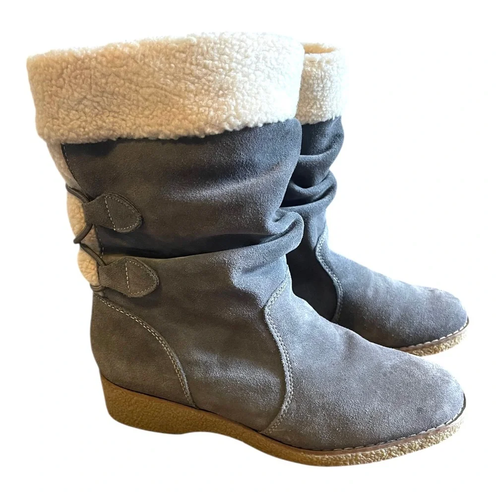 Lands End Gray Suede Boots Sherpa Lined Women’s Size 8.5